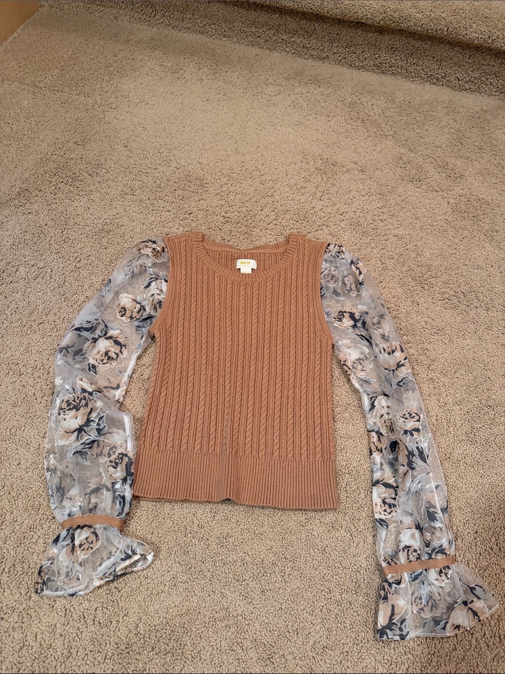 Maeve Camel Cable Knit Sweater with Floral Sheer Sleeves